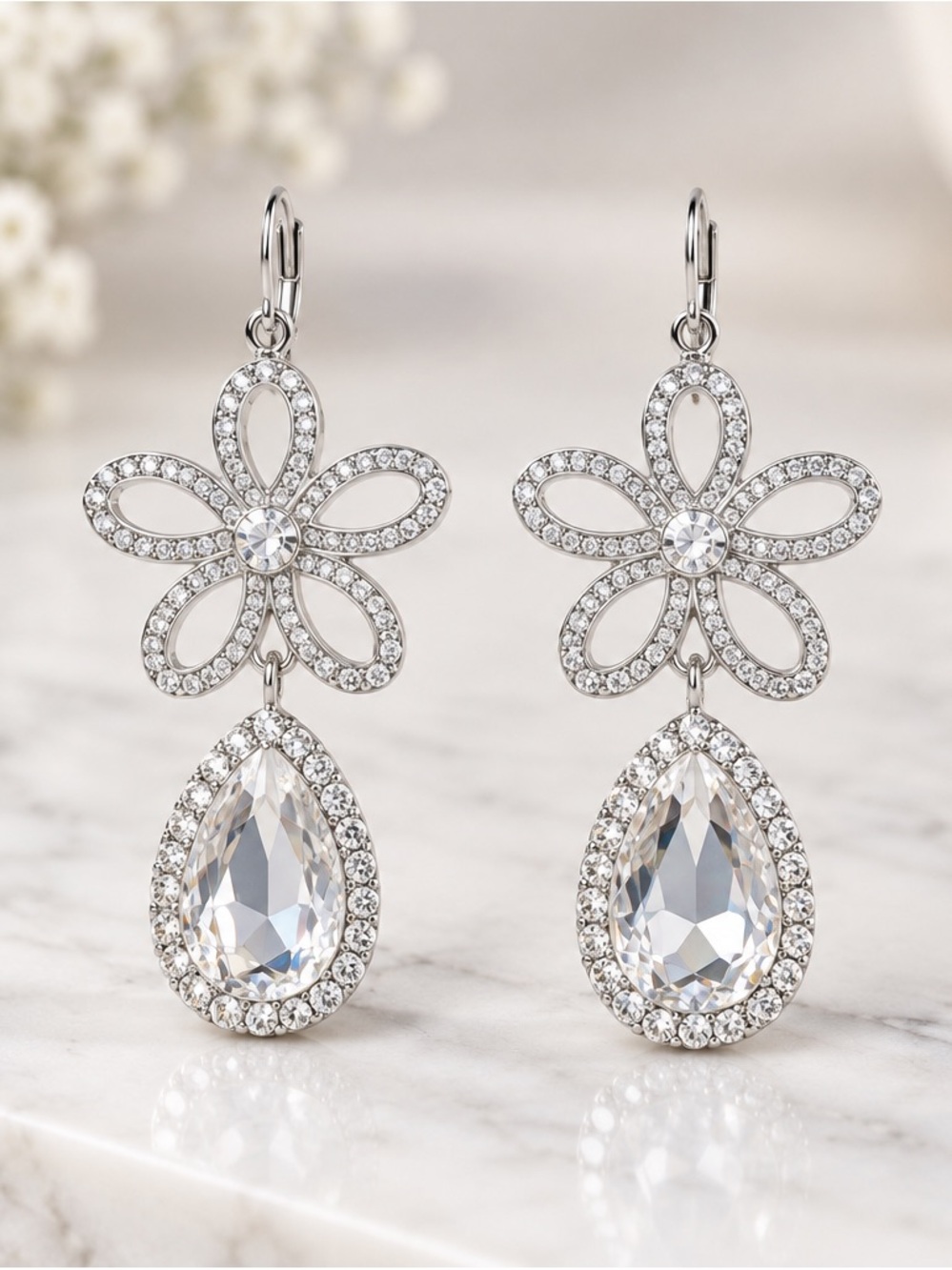 Avon Silver Floral Crystal Drop Earrings